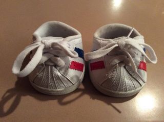 Build A Bear Babw White Sneakers W/ Red Blue Stripes Tennis Shoes Lace Up