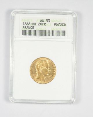 Au53 1868 - Bb 20 Francs Napoleon Iii - France Gold Coin - Graded Anacs 638