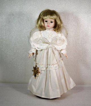 Porcelain Angel Girl Doll Christmas Gold Wing & Star Blonde Blue Eye 17 " W/stand