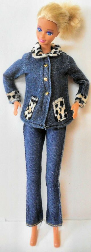 2pc Barbie Blu Jean Shirt Faux Leopard Fur Collar Cuffs Pockets,  Hippy Jean Pants