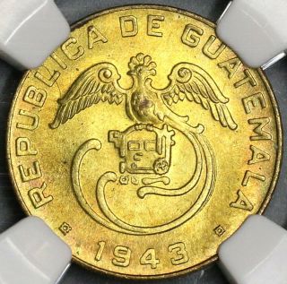 1943 Ngc Ms 65 Guatemala 1 Centavo Quetzal Bird Key Date Coin (19042702c)