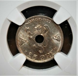 Norway 25 Ore 1922 Brilliant Uncirculated Ngc Ms - 63 Coin W/ Center Hole