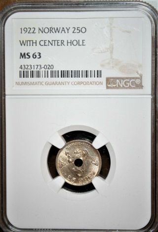 Norway 25 Ore 1922 Brilliant Uncirculated NGC MS - 63 Coin W/ Center Hole 3