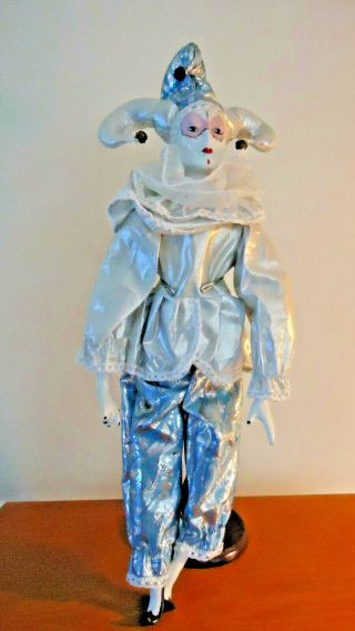Great Gift Mardi Gras Jester 19 " Doll Silver/ Blue Clown Porcelain Face,  Hands