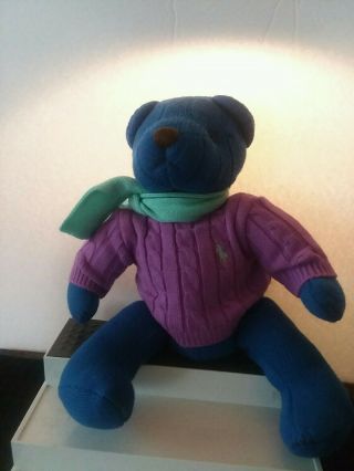 Ralph Lauren Polo Teddy Bear Plush 2004 Blue Knit Purple Sweater Green Scarf