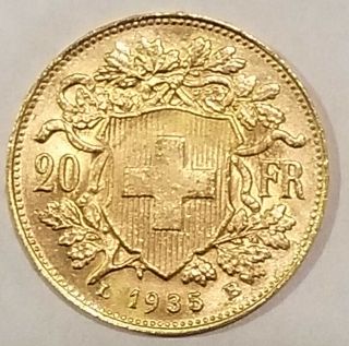 1935 Swiss Gold Coin 20 Francs Helvetia Switzerland Goldvreneli Vreneli