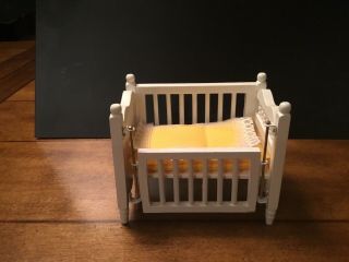 White Baby Crib - Doll House Miniature Movable Side Wooden Nursery