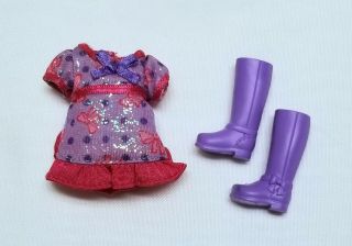 Chelsea Doll Clothes Pink & Purple Bow Print Dress And Lavender Boots Mattel
