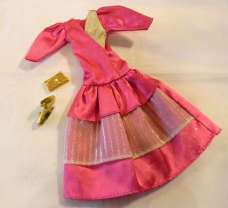Barbie Doll Size Dark Pink Long Gown Gold & White Sheer Overlay Purse & Shoes