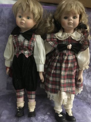 2 Porcelain Doll Girl And Boy Matching Set 15”