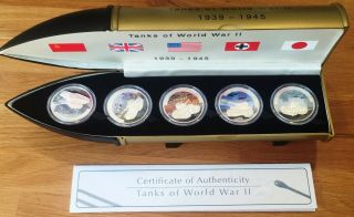 Tanks Of World War Ii 5x 5$ Multicolor Silver Proof Coins In Special Box W/coa