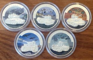 Tanks of World War II 5x 5$ Multicolor Silver Proof Coins in Special Box w/CoA 2