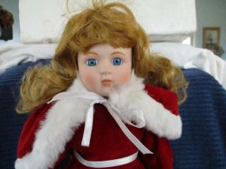 Ceramic Doll Blonde Hair Blue Eyes Red With White Faux Fur And White Shoes Stand