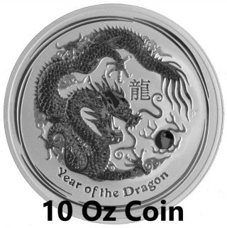 2012 Australia 10 Oz Silver Bullion  Year Of The Dragon Bu W Capsule