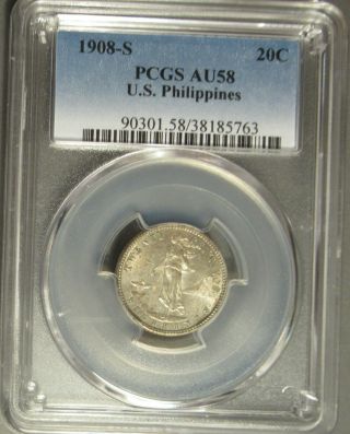 1908 S U.  S.  Philippines Silver Twenty Centavos (20c),  Pcgs Au 58