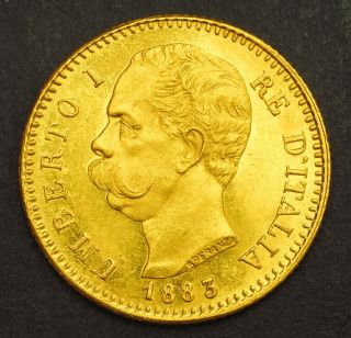 1883,  Kingdom Of Italy,  Umberto I.  Gold 20 Lire Coin.  (au,  /unc) 6.  44gm
