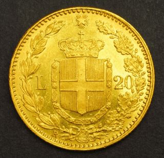 1883,  Kingdom of Italy,  Umberto I.  Gold 20 Lire Coin.  (AU,  /UNC) 6.  44gm 2