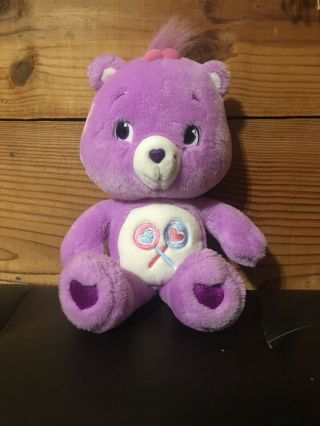 Care Bears Share Bear Plush 13” Purple Bear With Pink/blue Lollipops On Tummy