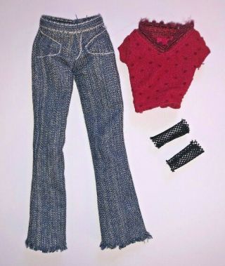 Mattel Barbie Fashion Fever Doll Clothes - Fringed Denim Jeans & Red Top