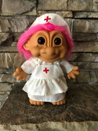 Russ Troll Doll 7” Pink Hair Brown Eyes Dressed As An Old Fashioned Nurse