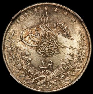 Ah 1293/10 W Egypt 2 Qirsh Silver Coin - Ngc Ms 66 - Km 293 - Top Pop