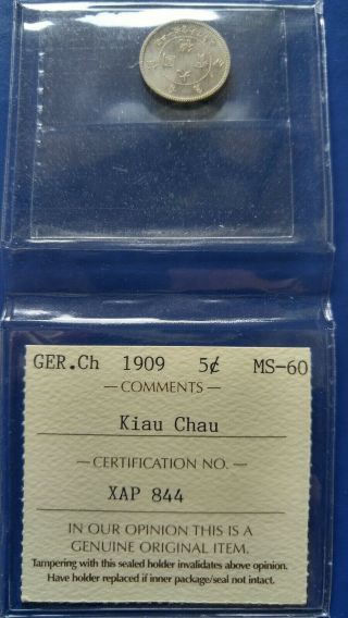 1909 German China Kiau Chau 5 Cents Scarce Coin Iccs Ms - 60