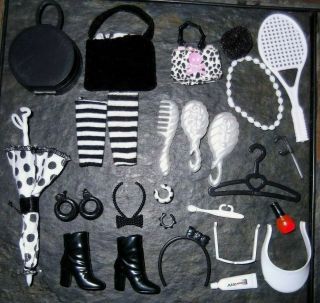 Barbie Doll Clothes Access - 27pc Black White Cosmetic Hair Make - Up Jewelry Set