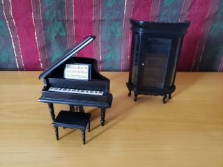 1:12 Dollhouse Miniatures Grand Piano W/bench And Curio Cabinet In Black
