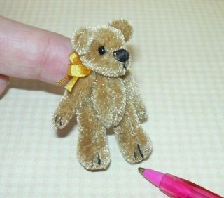 Miniature 2 " Fuzzy Brown Bear W/gold Silk Bow,  Jointed: Dollhouse 1:12