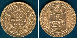 Tunis Tunisie 100 Francs 1932 (1351ah) Km 257 Gold