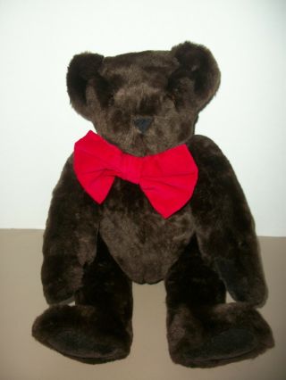 Authentic 16 " Vermont Jointed Dark Brown Teddy Bear Plush W/red Velvet Bow