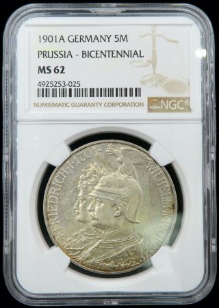1901 - A German States 5 Mark Silver Prussia Wilhelm Ngc Ms62 Coin 