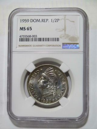 Dominican Republic 1959 1/2 Peso Silver Ngc Graded Ms65 World Coin 
