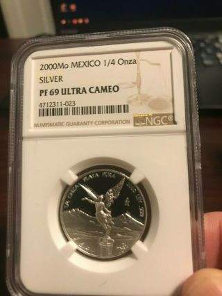 2000 Silver Mexico 1/4 Oz.  Libertad Proof,  Ngc Pf69 Rare,  700 Minted