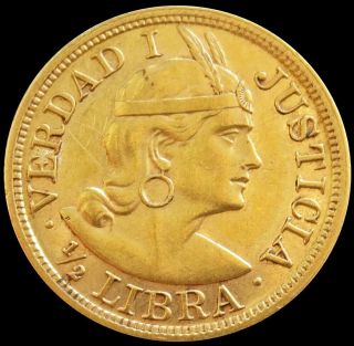 1908 Gold Peru 3.  99 Grams 1/2 Libra Pound Coin Lima