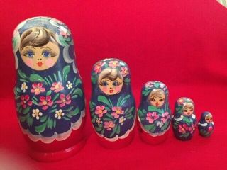 Matryoshka Nesting Stacking 5 Wooden Dolls Russian Handmade Hand Painted Blue