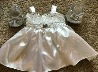 Build A Bear Clothes White Satin Sequins Bling Christmas Dress & Silver Heels