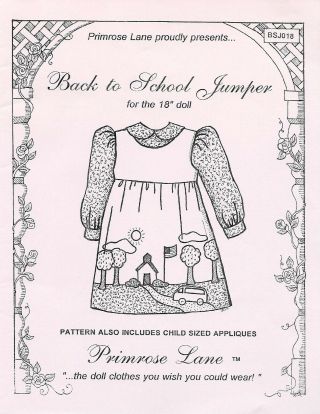 Back To School Jumper Pattern For 18 " Doll By Primrose Lane With Appliques