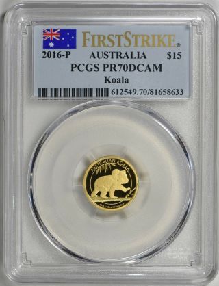 2016 Australia 1/10 Oz $15 Gold Koala Pcgs Pr70 Dcam - First Strike