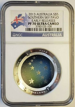 2013 Australia Southern Sky Pavo Proof 1oz Silver $5 Ngc Pf70 Ultra Cameo