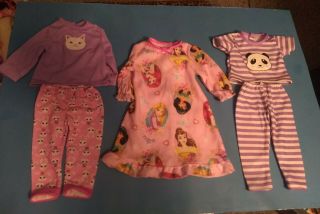 3 Sleep Outfits For 18 Inch Doll: Disney Princess Nightgown,  2 Pair Pajamas