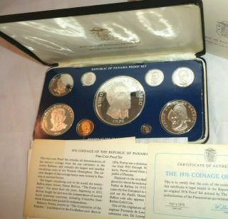 1976 Coinage Of The Republic Of Panama 9 Coin Proof Set Bu & Franklin Case