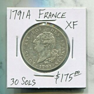 France - Fantastic Historical Louis Xvi Silver 30 Sols,  1791 A,  L 