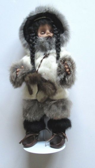 14.  5 " Eskimo Alaskan Native American Doll Real Fur Hood Braids With Stand