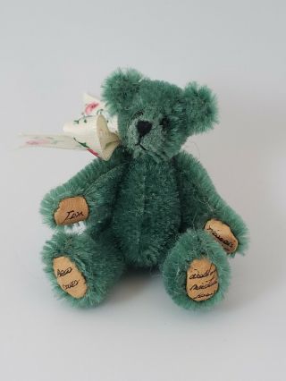 World Of Miniature Bears 3 " Mohair Bear Green With Bow