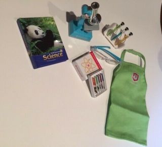 American Girl Science Set Microscope Apron Safety Goggles Slides Book Test Tubes