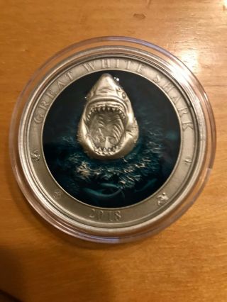 Great White Shark Underwater World 3 Oz Silver Coin 5$ Barbados 2018