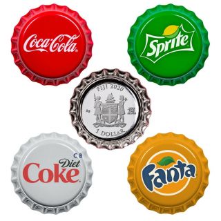 Coca - Cola VENDING MACHINE SET 4 Bottle Cap Silver Coins Fanta Sprite FIJI 2020 2