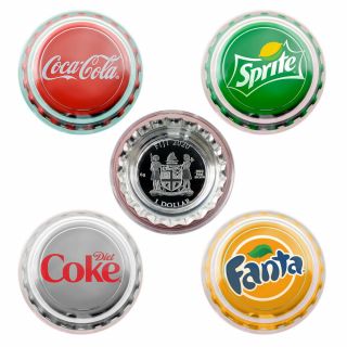 Coca - Cola VENDING MACHINE SET 4 Bottle Cap Silver Coins Fanta Sprite FIJI 2020 3