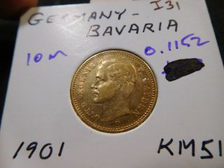 I31 German State Bavaria 1901 - D Gold 10 Marks 0.  1152 Oz.  Agw